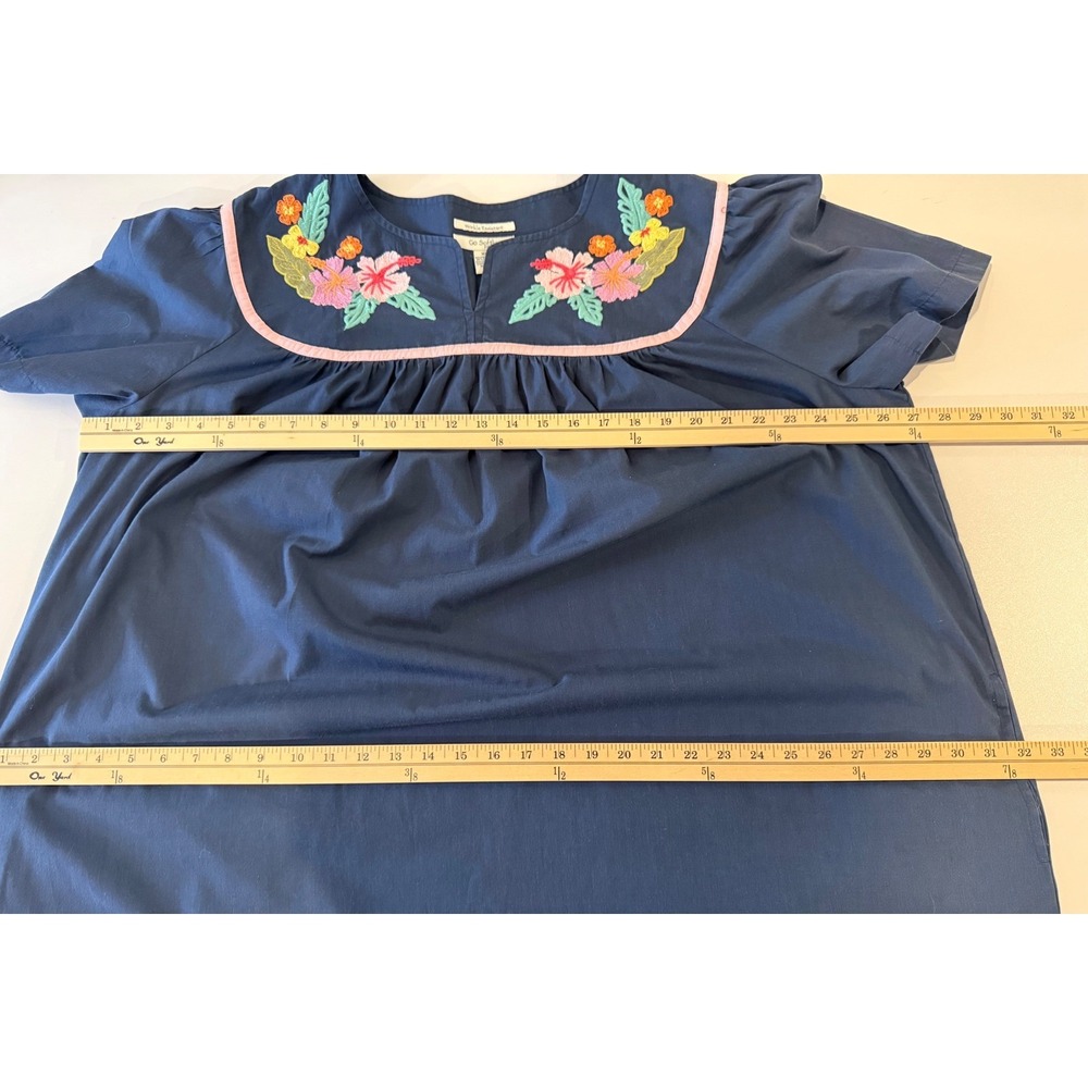 Go Softly Patio Dress Womens XL Navy Blue Embroidered Floral Short Sleeve Pocket - Picture 5 of 7